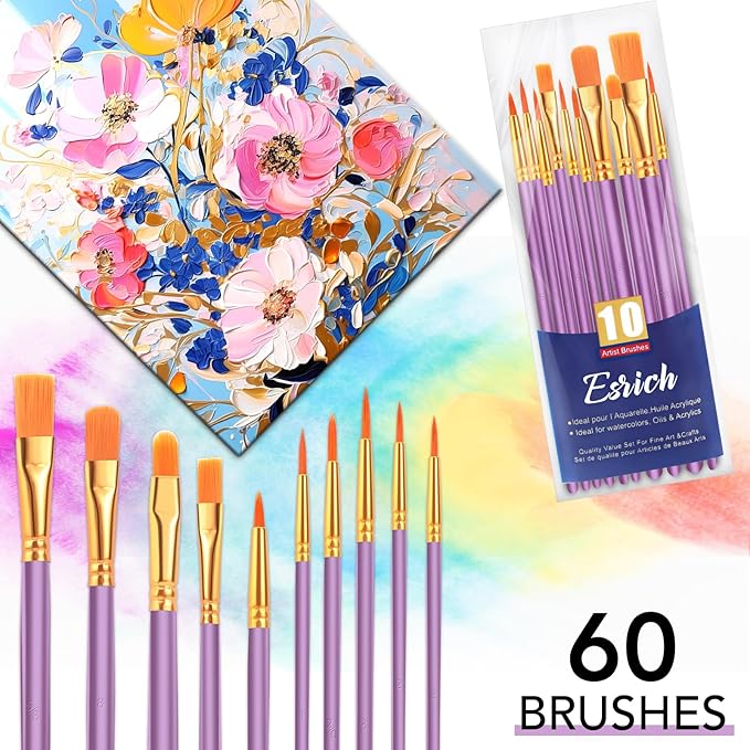 ESRICH Paint Brush Set,6 Packs 60 Pcs Nylon Hair Paint Brushes for Acrylic Painting,Artist Paintbrushes for Acrylic,Oil,Watercolor Painting,Face Nail Art,Paint Brushes for Kids,Purple