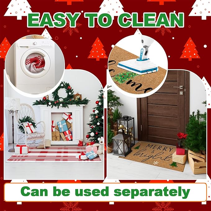2 Pcs Christmas Door mat Outdoor Coir Outdoor Rugs Christmas Tree Welcome doormats Layered Red White Xmas Tree doormats for Front Porch Entryway Entrance Yard Decor