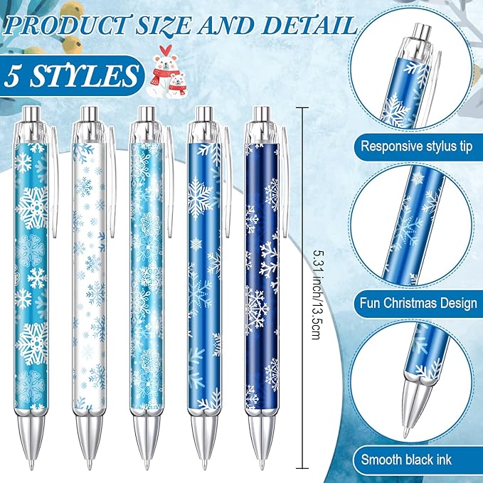 Thenshop 50 Pcs Christmas Pens Bulk Retractable Snowflake Ballpoint Pens Black Ink Winter Xmas Snowflake Pattern Appreciation Christmas Gifts Office Supplies Stationery for Xmas Party Writing
