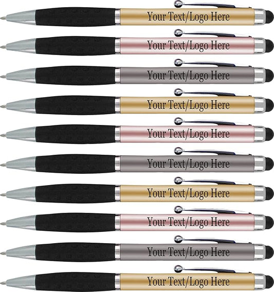 Personalized Pens With your Custom Logo or Text-300 Pack Bulk-for Businesses, Parties, and Events, 2 in 1 Ballpoint Pen & Stylus for Touchscreen Devices, Light Assorted Barrels, Black Ink