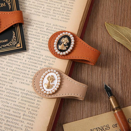 2PCS Vintage Magnetic Leather Bookmark, Leather Magnetic Bookmarks for Women, Magnetic PU Bookmarks Clip Book Accessories, Gold Portrait