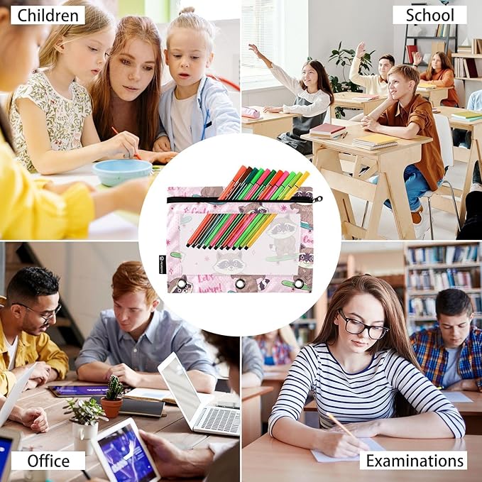 ZAZYXTJ Raccoon Binder Pencil Pouchs 3 Ring with Zipper Clear Window Office Organizers bag for School Students Teacher Supplies 2 Pack