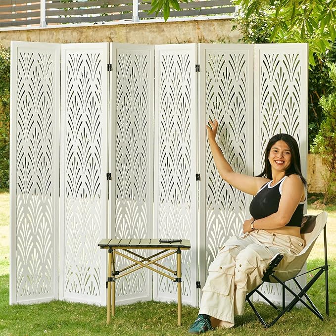 5.6Ft Room Divider Folding Wood Simple Carved Partition Screen for Home Office Garden - 6 Panels (White)