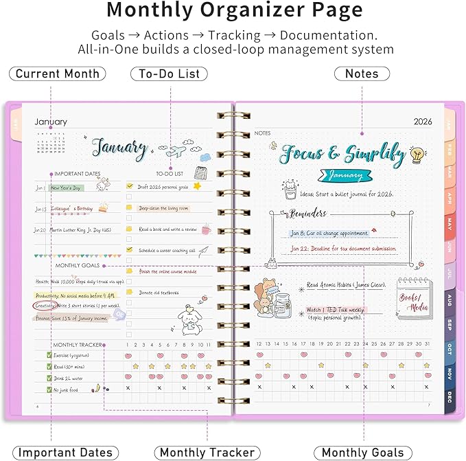 RETTACY 2026-2027 Monthly Planner, Jan 2026 - Dec 2027, Medium Size (5.7" x 8.3"), Agenda, Calendar, 24 Month Tabs, Flexible Plastic Cover, 100 GSM Thick Paper, Spiral-bound (Lilac)