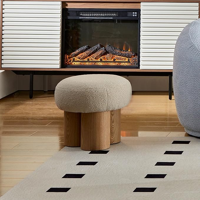 MEETAKING Small Round Foot Stool, Teddy Fabric Footrest Ottoman Stool with Non-Skid Legs, Modern Footstools Step for Couch, Desk, Office, Living Room (Beige)