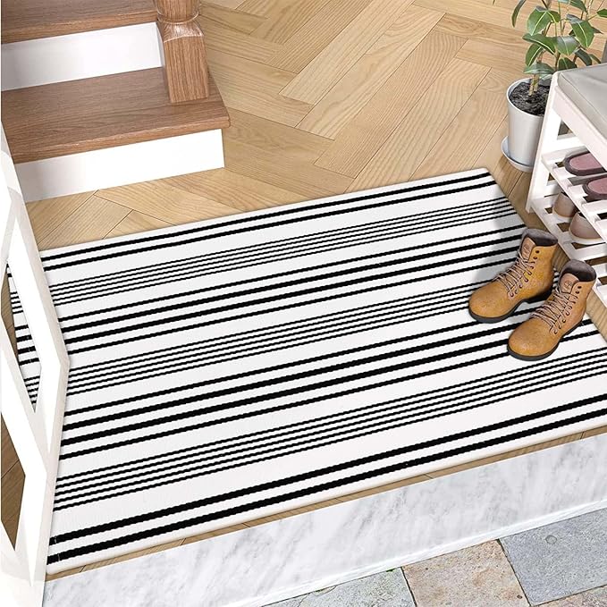 OJIA Christmas Front Door Mats Outdoor 24"x35", Cotton Woven Holiday Doormat Front Door Rug Washable Indoor Door Mat Black and White Outdoor Rugs Striped Rug for Porch Decor/Farmhouse/Entryway