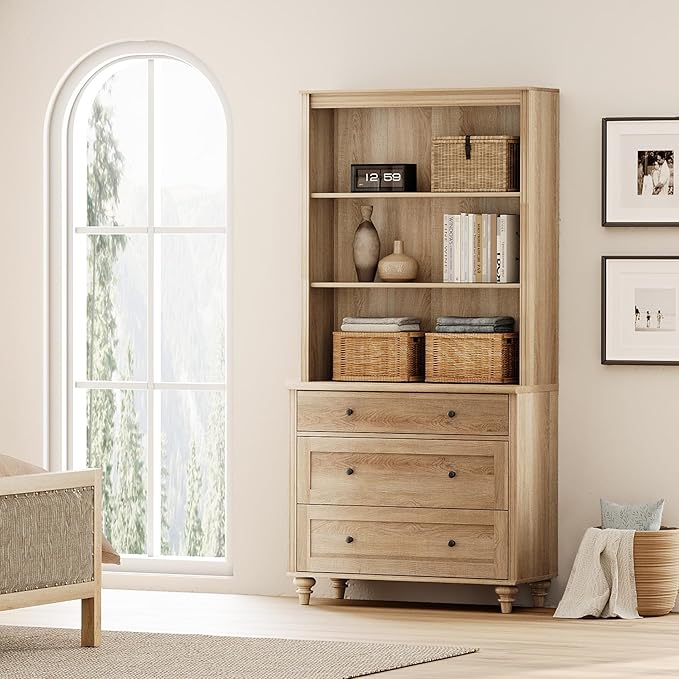 WAMPAT 3 Tier Bookshelf with 3 Drawers, 72" Tall Bookcase Large Farmhouse Display Book Case Shelf with 3-Tier Open Book Shelfs，Library Wood Bookshelves for Living Room,Kitchen, Oak