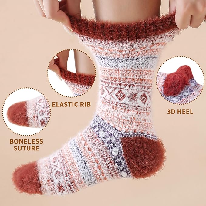 ICEIVY 5 Pair Fuzzy Cozy Socks for Women - Warm Comfy Soft Casual Home Sleep Winter Wool Socks - Gifts for Women