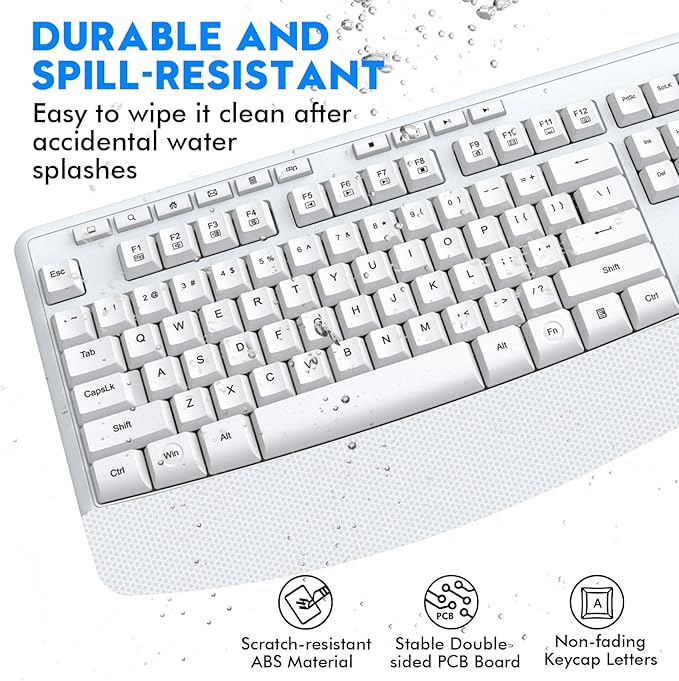 Wireless Keyboard and Mouse Combo, E-YOOSO 2.4GHz Full Sized Ergonomic Wireless Keyboard with Wrist Rest, 3 DPI Adjustable and 6 Buttons Cordless USB Mouse for Computer, Laptop, PC, Windows (White)