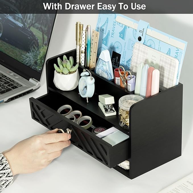 Black Wood Desk Organizer and Accessories with Drawer, Bill Mail Organizer and File Mail Holder for Office Supplies, Desk Accessories & Workspace Organizers for Desk Organization