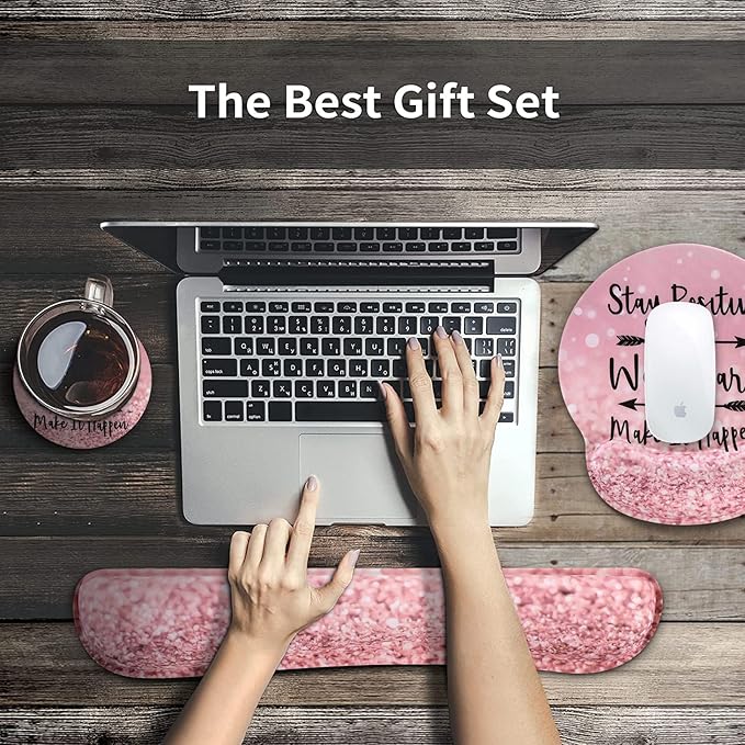 iCasso Mouse Pad,Large Pink Desk Mat Set, 4in1 XXL Mousepad + Keyboard Wrist Rest+Mouse Wrist Rest+Coaster with Ergonomic Desk Pad for Home Office Table Computer Cover -Pink Stay Positive