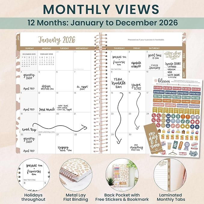 bloom daily planners 2026 Planner (January - December) Calendar Year Organizer - 5.5” x 8.25” - Weekly & Monthly Agenda Book with Stickers & Bookmark - Tan Leopard