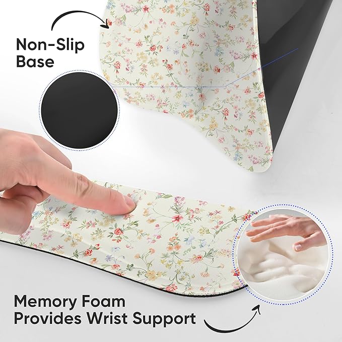 Wrist Rest Support for Mouse Pad Keyboard Set Circle Coaster Gaming Mouse Pad Ergonomic Gel Memory Foam Set for Computer, Laptop, Office, Pain Relief, Comfortably Typing Flowers KM-39