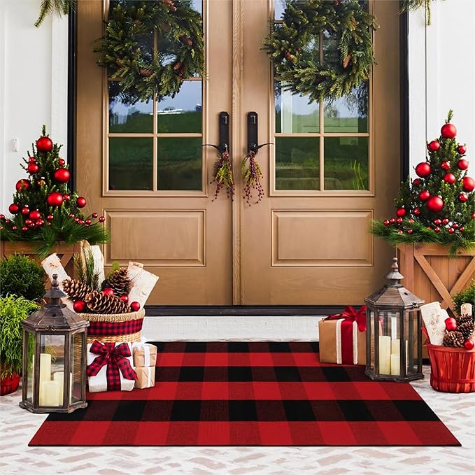 KIMODE Buffalo Plaid Outdoor Rug Red and Black 24"X51",Washable Christmas Front Door Mat,Reversible Cotton Hand-Woven Layering Rug for Front Porch Christmas Decor,Entryway,Kitchen