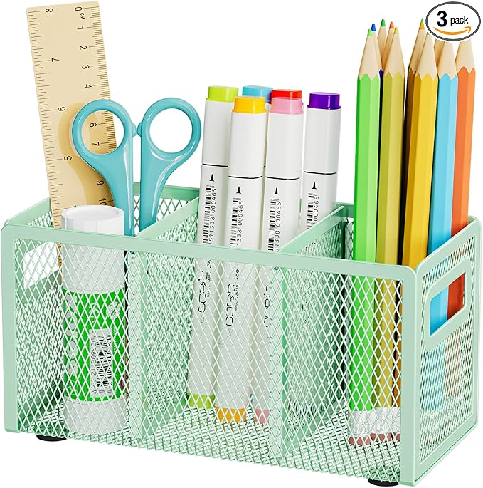 Marbrasse Mesh Pen Holder for Desk,Pencil Holder Desk Organizer 3 Adjustable Compartments,Pencil Cup with Handle Perfect for Classroom, Office, Home,Makeup,Art (Green)
