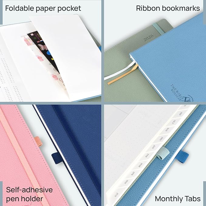 POPRUN 2026 Weekly & Monthly Planner Calendar, 6.75" x 8.75" Medium, Horizontal Layout with Lined Sections, Jan. 2026 - Dec. 2026, Leather Hardcover, 100GSM Paper, Inner Pocket - Navy Blue