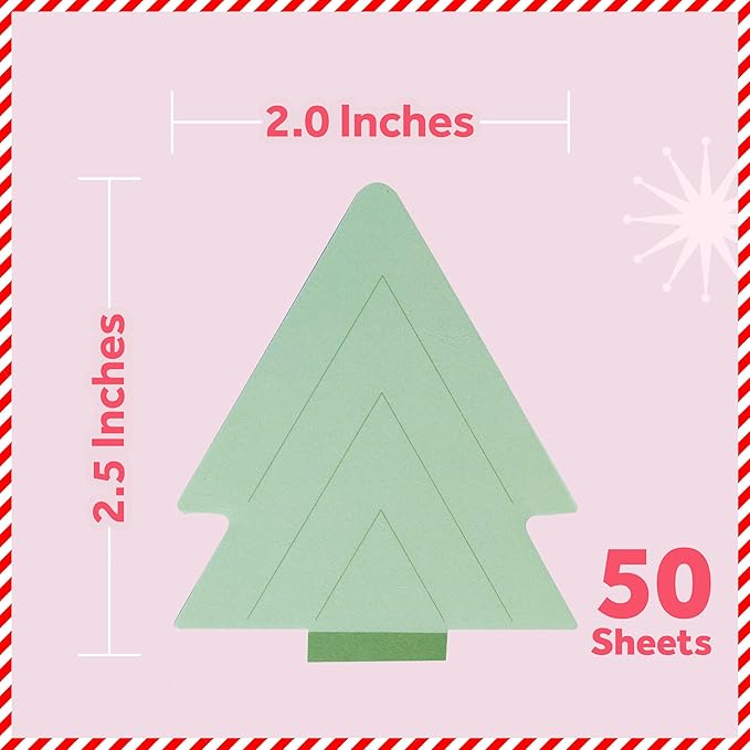 Post-it Jingle Sticky Notes, Christmas Tree Design, 2 in. x 2.5 in., 1 Holiday Tree-Shaped Christmas Themed Cute Sticky Note Pad with 50 Sheets