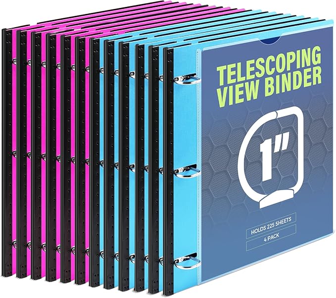 WOT I 1 Inch Telescoping 3 Ring Binder 12 Pack, Expandable Flexible Binder with Customizable Front Cover & Clear Catalog Pocket, Holds 225 Sheets, School Office Supplies, Blue+Pink