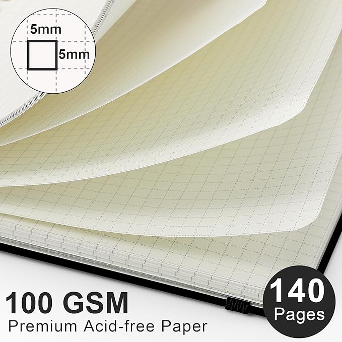 RETTACY Graph Grid Paper Notebook, 140 Pages, A5 Medium Size (5.7'' x 8.3''), 5 Squares per Inch, Hardcover, 100 GSM Thick Paper, for School, Students, Math, Engineering (Black)