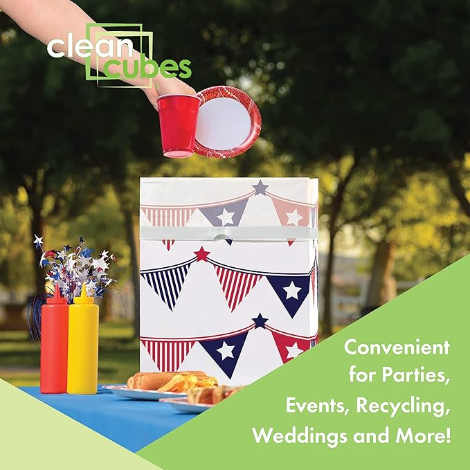 | 13 Gallon Disposable Trash Cans (3-Pack) with Fitted Trash Bags - Reusable Garbage and Recycling Bins for Parties, Events, and More (USA Flag - 17" Height x 13.5" Width x 10" Depth)