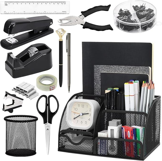 SYMDROMIA 13-in-1 Office Desk Organizer Set with Stapler and Tape Dispenser, Pen Holder, Scissors, Ruler, Hole Punch, 2 Pens & More Desktop Accessories for Back to School Supplies (Black)