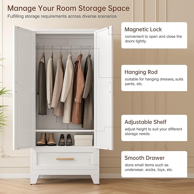 71" Tall Metal Wardrobe Cabinet with Drawer and Hanging Rod, 2 Doors Armoire Wardrobe Closet with Shelf for Bedroom, Office, Laundry Room, White
