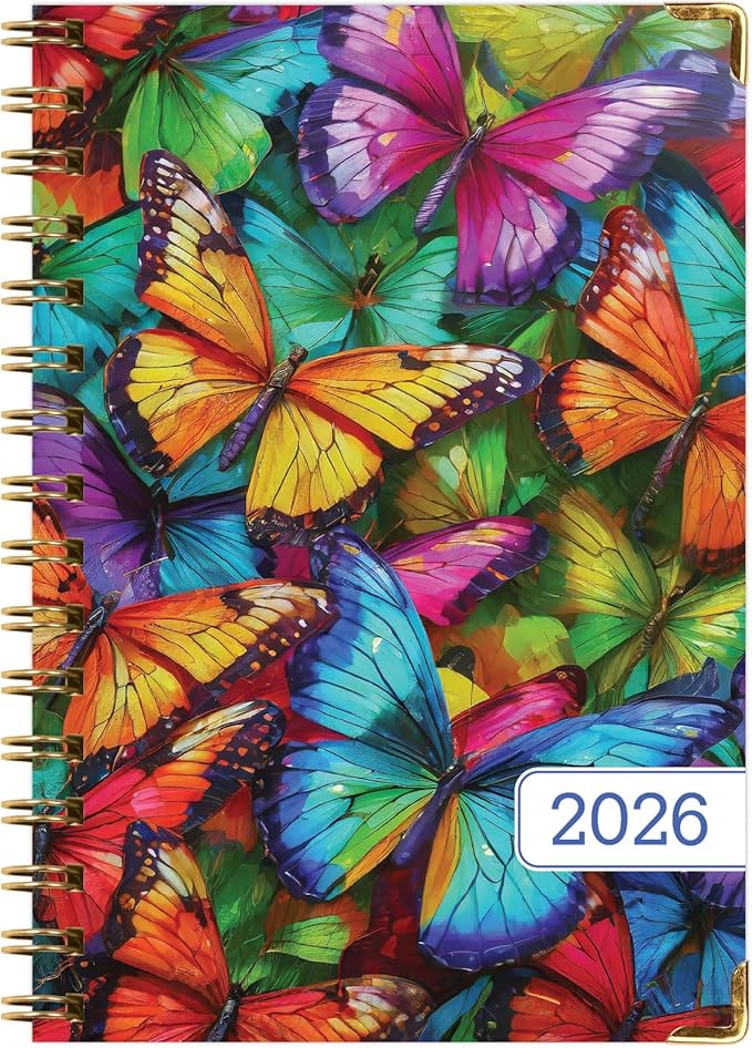HARDCOVER 2026 Planner, 5.5"x8": 14 Months (November 2025 - December 2026), Daily Weekly Monthly Planner, Yearly Agenda, Bookmark, Pocket Folder and Sticky Note Set (Colorful Butterflies)