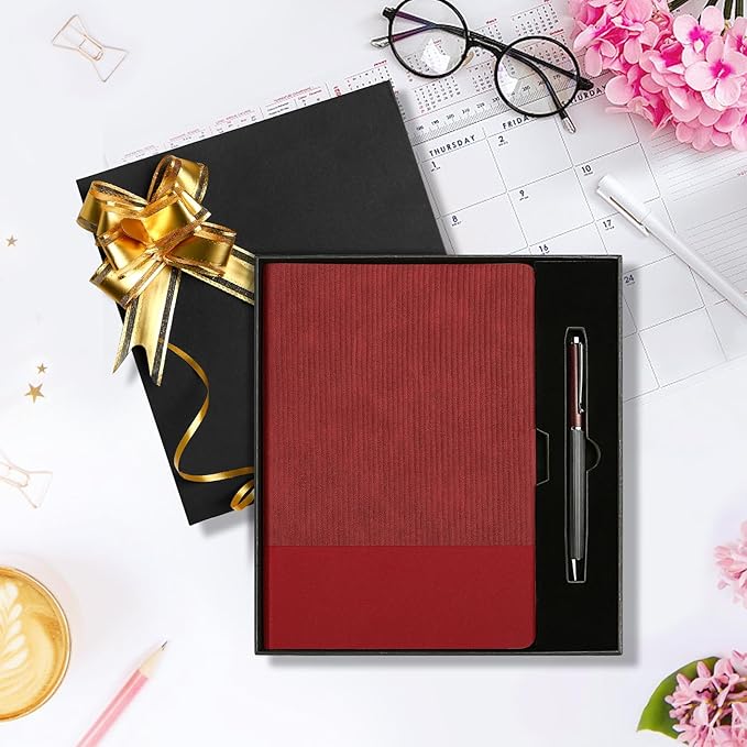 A5 Lined Notebook with Pen & Gift Box 216 Pages PU Leather Journals for Women Men 100GSM Thick Paper College Ruled Notebook for School,Travel,Business,Work,Home Writing (Red)