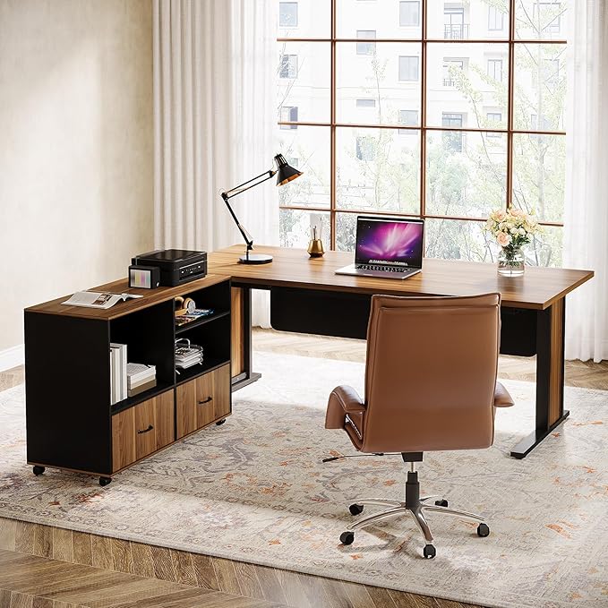 Tribesigns 63" Large Executive Desk L Shaped Computer Desk with File Storage Cabinet, L-Shaped Executive Office Desk Business Desk Set, Computer Desk with Mobile Cabinet for Home Office