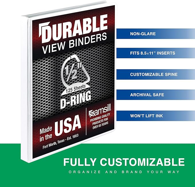 Samsill Durable 0.5 Inch Binder, Made in The USA, D Ring Binder, Customizable Clear View Cover, Pearl White, Holds 125 Pages