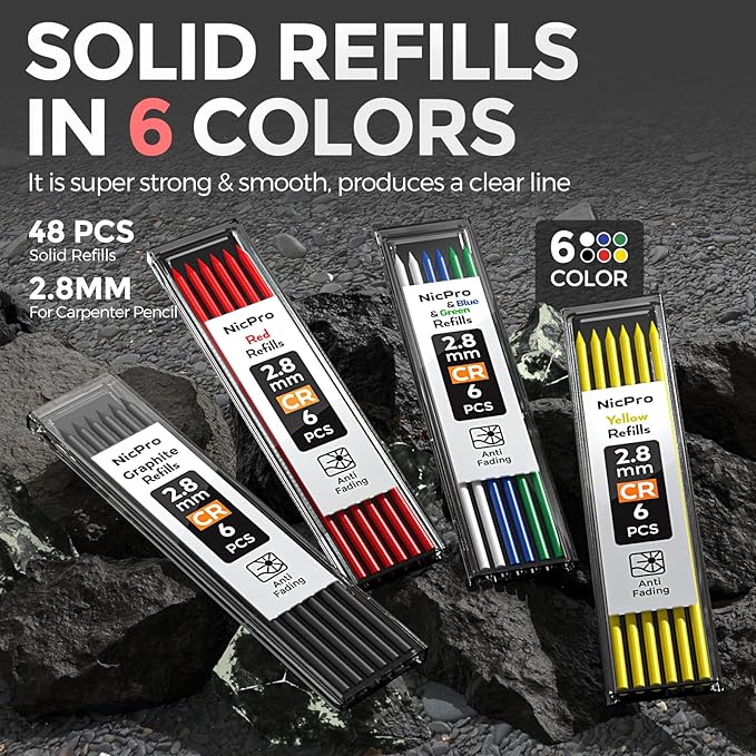 Nicpro 5 Pack Carpenter Pencils with Sharpener, Construction Mechanical Pencil with 53 Refills, Heavy Duty Marking Tools, Long Nib Marker Pens for Architect Marking (Black, Red, Orange, Green, Blue)