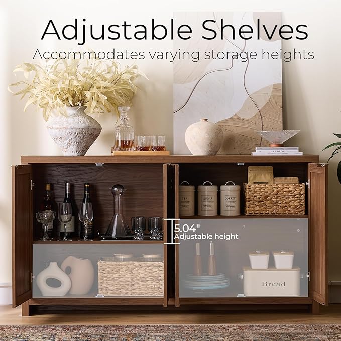 Walsham 61'' Buffet Cabinet with Storage, Adjustable Shelf Sideboard Rattan Entryway Console Cabinet with Doors Modern Credenza Coffee Bar Station for Kichen Living Room Holds 410lb Special Walnut