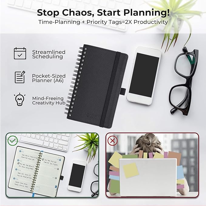 Planner 2026 Daily Weekly and Monthly,6.5"x3.75",12 Months Spiral Bound Calendar Agenda with Self-adhesive Pen Holder,2026 Appointment Book with Vegan Leather Soft Cover,Black