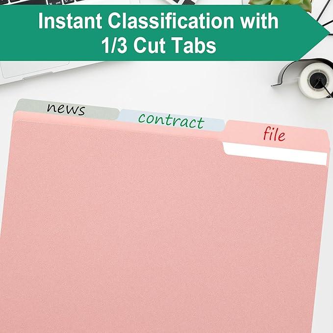 Colorful File Folders with Tabs –Colored File Folders,1/3 Cut Top Tabs,Letter Size,Durable 11pt Paper,Two Tone, Assorted Colors,Bulk 100 Pack(2444U)