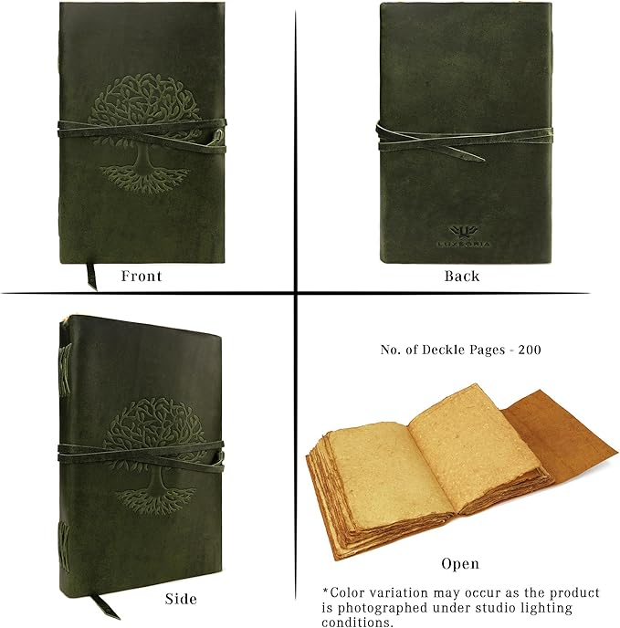 LUXEORIA Tree Of Life Leather Journal for Women and Men, Handcrafted Leather Journal for Writing Womens, Sketchbook, Travel Diary with Unlined Deckle Paper, Dark Green 8x13