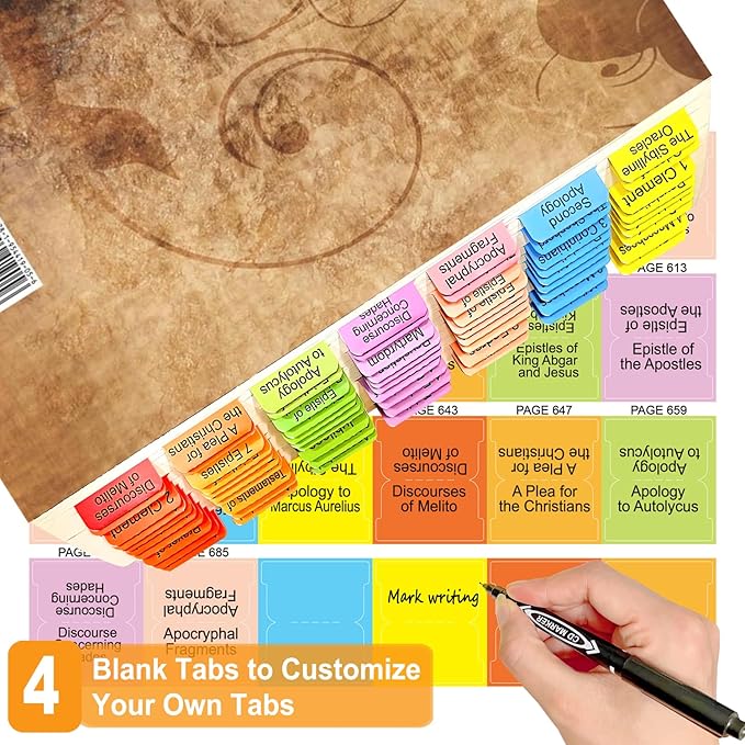 Index Tabs for The Complete 100-Book Apocrypha,2024 Edition 72 Color Coded Laminated Durable Tabs, 68 Books Chapter Tabs, 4 Blank Tabs,1 Placement Guide Card (Book Not Included)