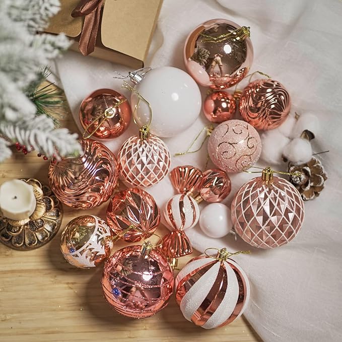 Christmas Ball Ornaments Set Assorted Shatterproof Ornaments 63 PCS Shaped Styles Xmas Tree Holiday Decorative,Rose Gold
