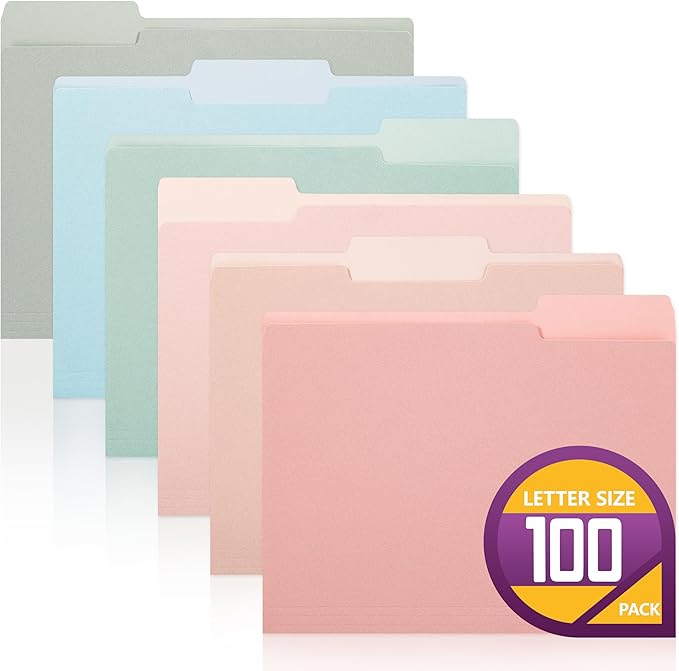 pmybupo100 Pack Assorted Colors Manila File Folders 8.5x11,1/3-Cut Tab,File Folders Letter Size,Colored Folders Office Organization Home School Folders for Documents Files Paper,6 Pastel Colors