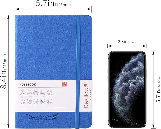 Deziliao Hardcover Notebook Journal 160 Pages, Lined Journal Notebooks for Work, 100Gsm Premium Thick Paper with Pocket, Medium 5.7"x8.4" （Blue, Ruled）