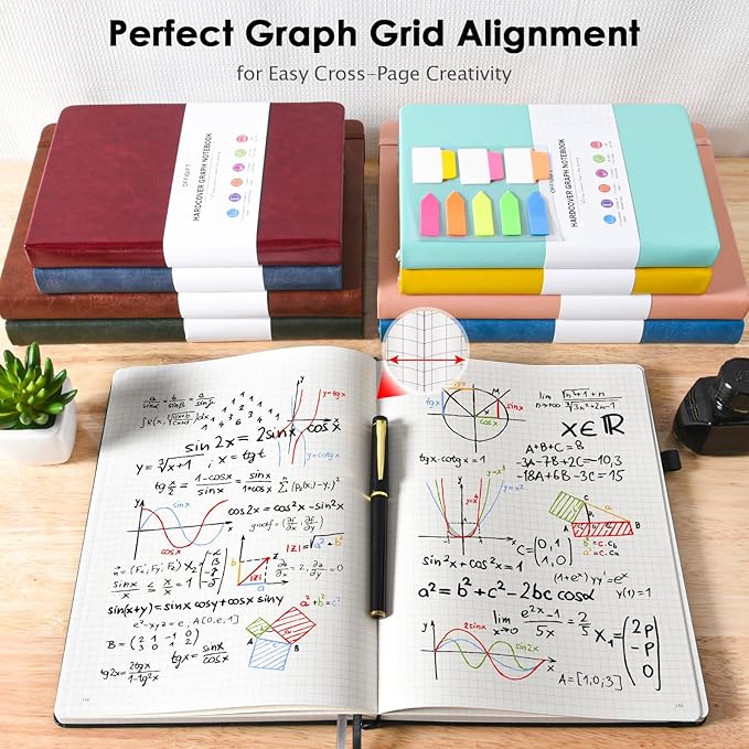 Graph Paper Notebook, 312 Numbered Pages B5 Hardcover Leather Journal, 100gsm No Bleed Grid Paper Notebook with Index Pages, Grid Notebook for Graphing Notes Math, 7.6'' X 10'', Black