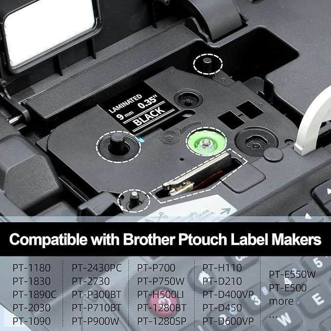 Labelife 9mm Label Tape White on Black Replace for Brother TZe TZ Tape 9mm 0.35" Laminated TZe-325 TZe325 Label Maker Tape 3/8'' for P Touch PT-D210 PT-D220 PT-D200 PT-H110 PT-D400 PT-D610BT