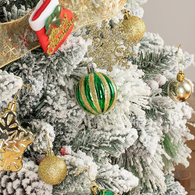 110Pcs Christmas Ball Ornaments Set, Assorted Green and Gold Christmas Ornaments for Xmas Tree, Shatterproof Plastic Baubles Hanging Decorations for Holiday/Party/Wedding