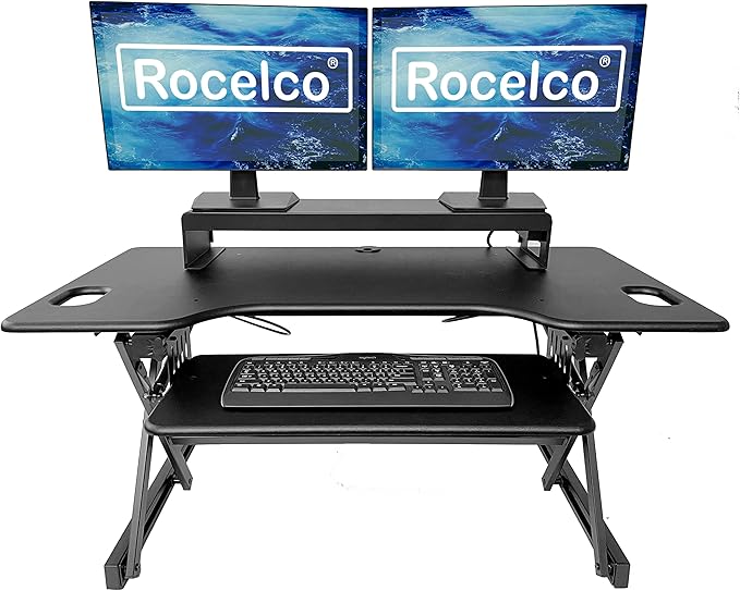 Rocelco 46" Large Height Adjustable Standing Desk Converter with Double Monitor Mount Stand BUNDLE - Quick Sit Stand Up Computer Workstation Riser - Retractable Keyboard Tray - Black (R DADRB-46-DMS)