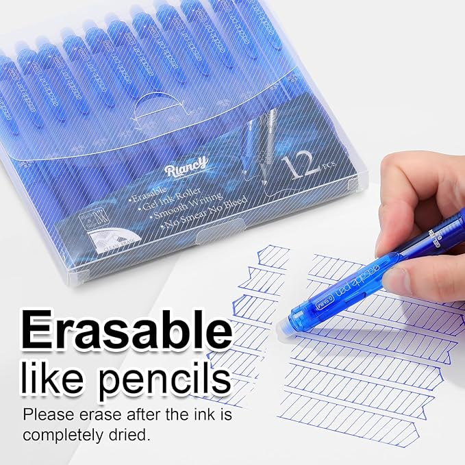 USUAL Retractable Erasable Pens 12 Colored Erasable Gel Pen 0.5mm Erasable Gel Pens Black Make Mistakes Disappear Smooth Writing Pen Office Back-to-School Supplies (Blue)