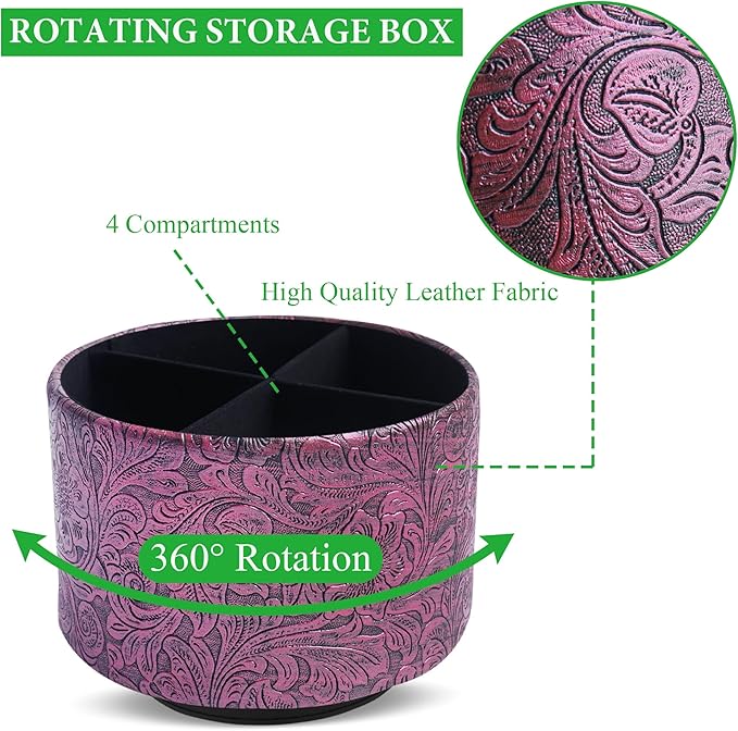lizimandu Round Leather Art Supply Organizer,Remote Control Holder,360 Degree Spinning,Multi-Functional Pencil Holder,4 Compartments Desktop Stationary Organizer(1-Carved Metal Rose Red)