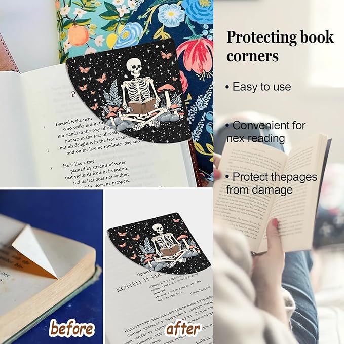 Skeleton Leather Bookmarks 4 Pieces, Funny Book Accessories for Reading Lovers, Corner Page Markers for Women Men Kids Students Teachers Retirement Birthday Gift (Skull Reading)