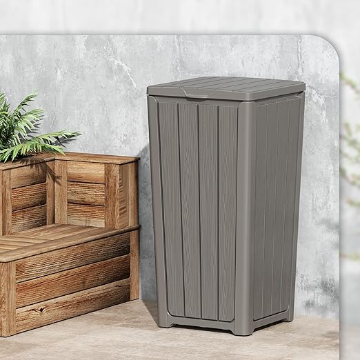 Outdoor Trash Can with Lid, Waterproof Resin Garbage Can with Tiered Lid, Outside Trash Bin for Patio, Kitchen, Backyard or Deck