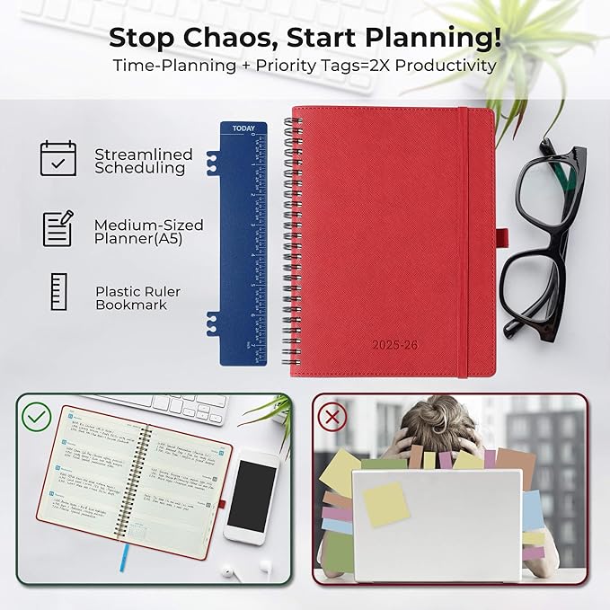 Planner 2025-2026 Daily Weekly and Monthly,8.5"x6.5",18 Months Spiral Bound Calendar Agenda with Self-adhesive Pen Holder,2026 Academic Plan with Vegan Leather Soft Cover,Red
