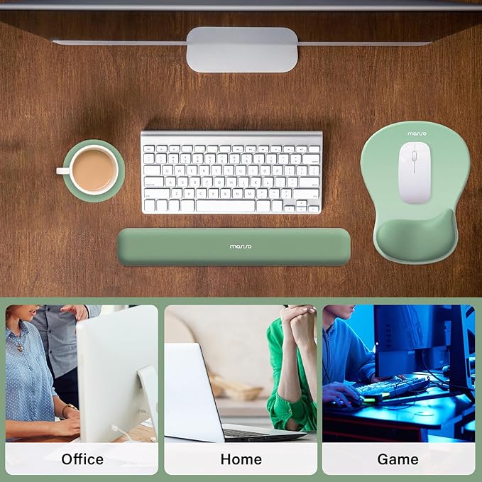 MOSISO Wrist Rest Support for Mouse Pad&Keyboard Set, Ergonomic Mousepad with Concave Curved Memory Foam, Non-Slip Base Pain Relief Comfortable Rectangular Easy Typing Pad for Home/Office, Green