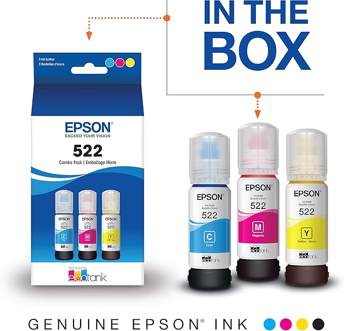 Epson EcoTank Pro ET-5850 Wireless Color All-in-One Supertank Printer, White & T522 EcoTank Ink Ultra-high Capacity Bottle Color Combo Pack (T522520-S)